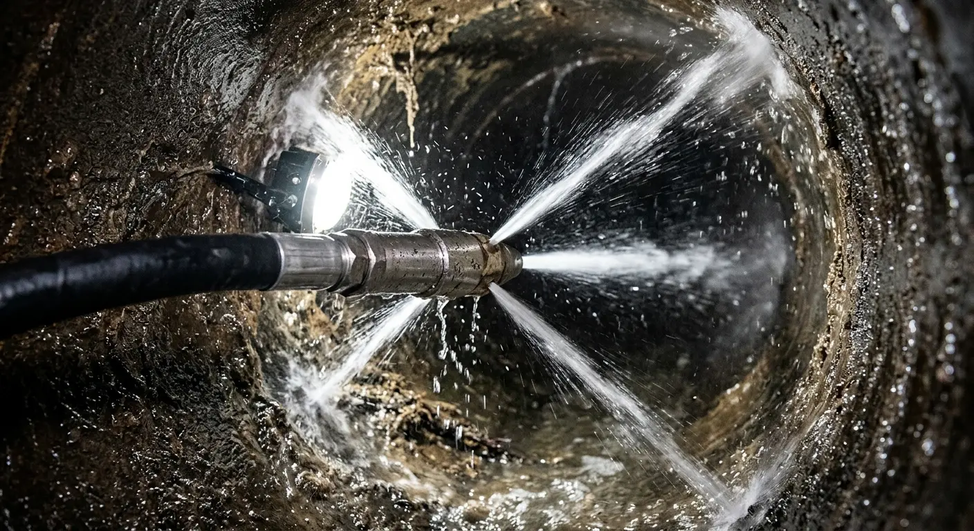 High-pressure hydro jetting nozzle cleaning sewer pipe for Trenchless Sewer Repair in Suitland