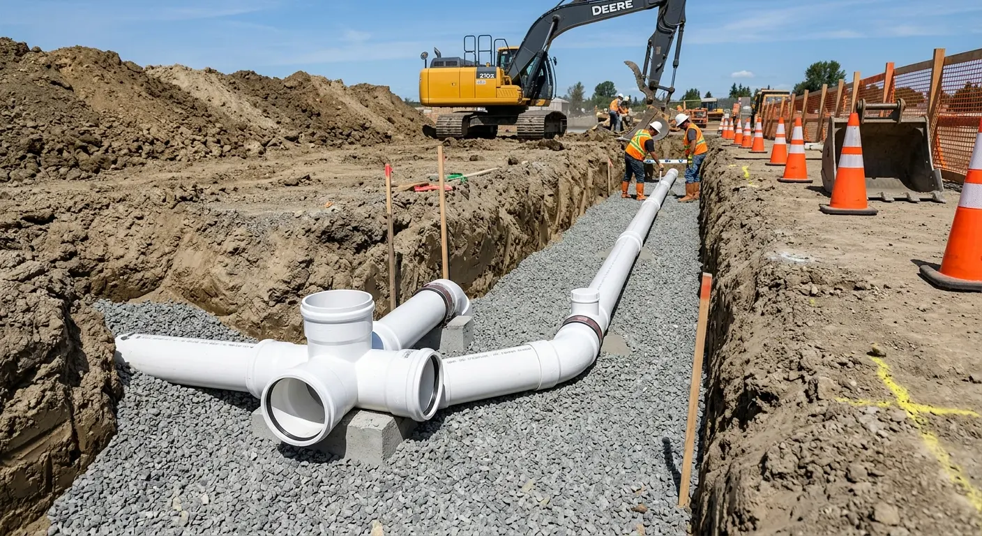 New PVC sewer pipe installation in open trench for Sewer Backup in Suitland