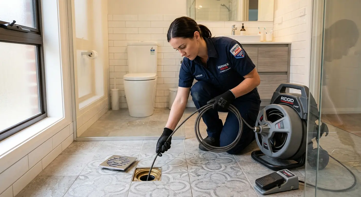 Technician clearing a bathroom floor drain for Drain Repair in Suitland